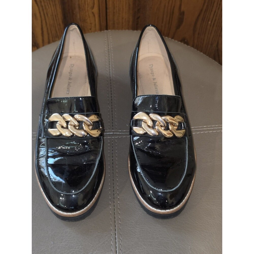 Django & Juliette Ozama Loafer Gold Buckle Womens  Size 39 Black Patent Leather